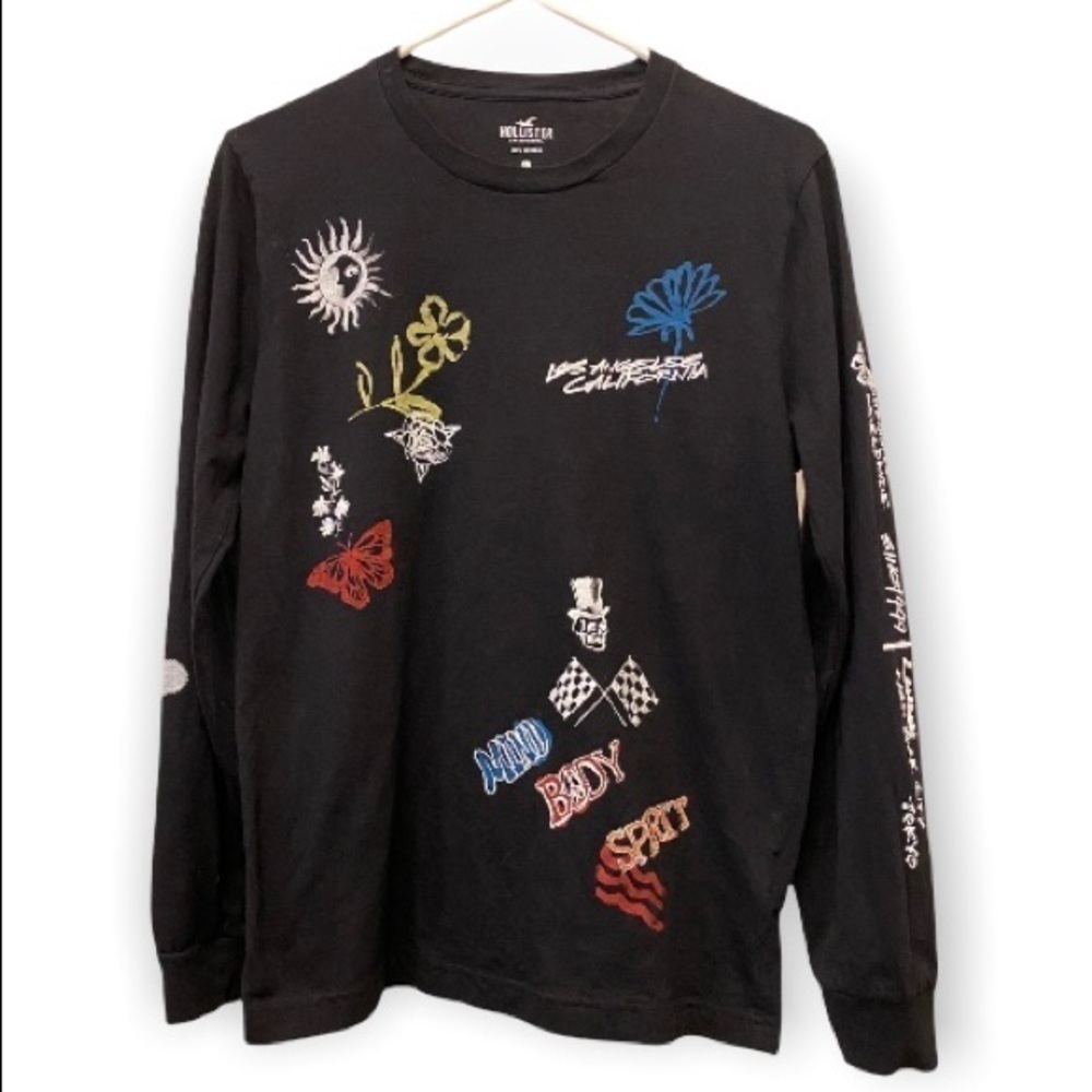 Hollister Sz Small Black Long Sleeve T Shirt Skull, Logo, blackboard, LA Calif